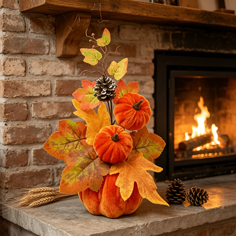 TEMU [Ringraziamento] Decorazione da scrivania in velluto con zucca e tema autunnale, foglie d'acero artificiali e , decorazione retr簷 americana,