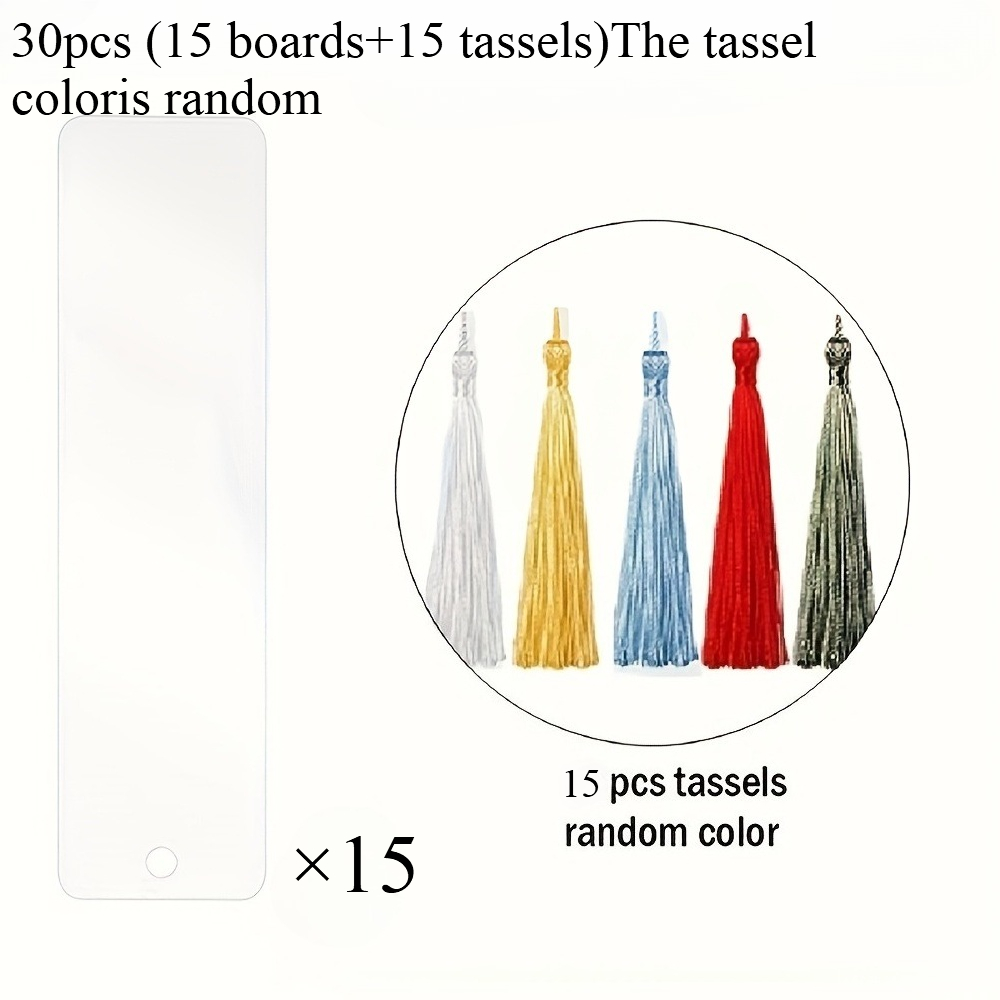 E-shop 30 Artikel, darunter 15 rechteckige Acrylplatten, 15 Quasten, Acryl-Blanko-Anhänger zur Dekoration, transparente Acryl-Lesezeichen mit Quasten,