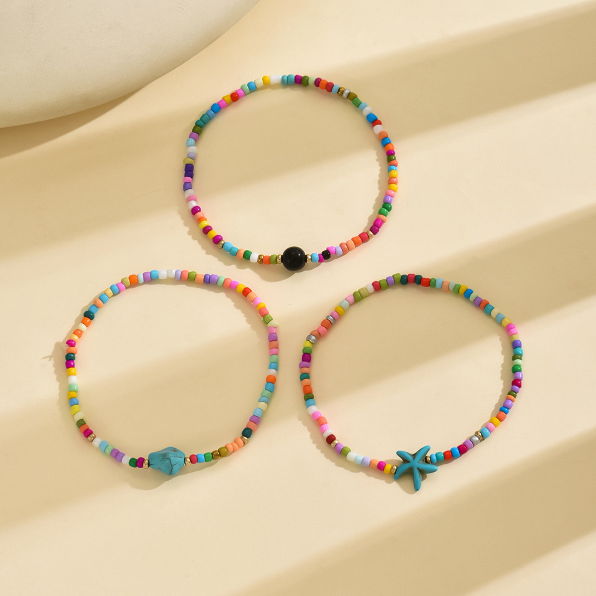 3pc Women's Beach Layered Glass Bead Ankle Bracelets Set