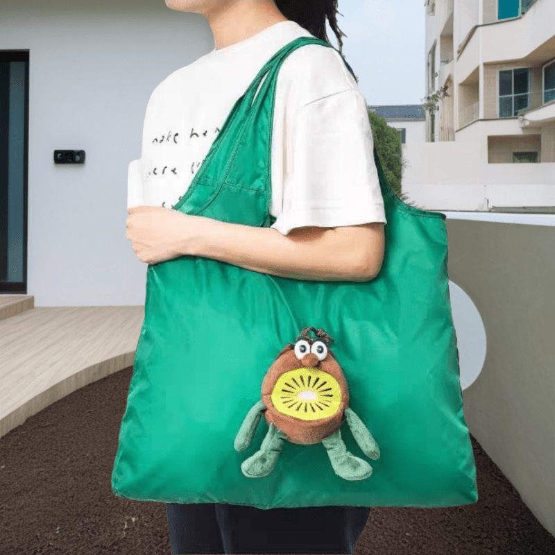 TEMU Kiwi Fruit-shaped Tote Bag - Large Capacity Foldable Shopping Bag With Cute Kiwi Print & Kiwi Charm-like Accessory Pocket, Durable Nylon Green