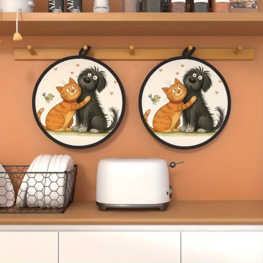 TEMU 2pcs 8x8 Inch Round Pot Holder With Cute Cartoon Design - Durable Polyester Kitchen Mat For Cooking, Baking, And Bakeware - Machine Washable,