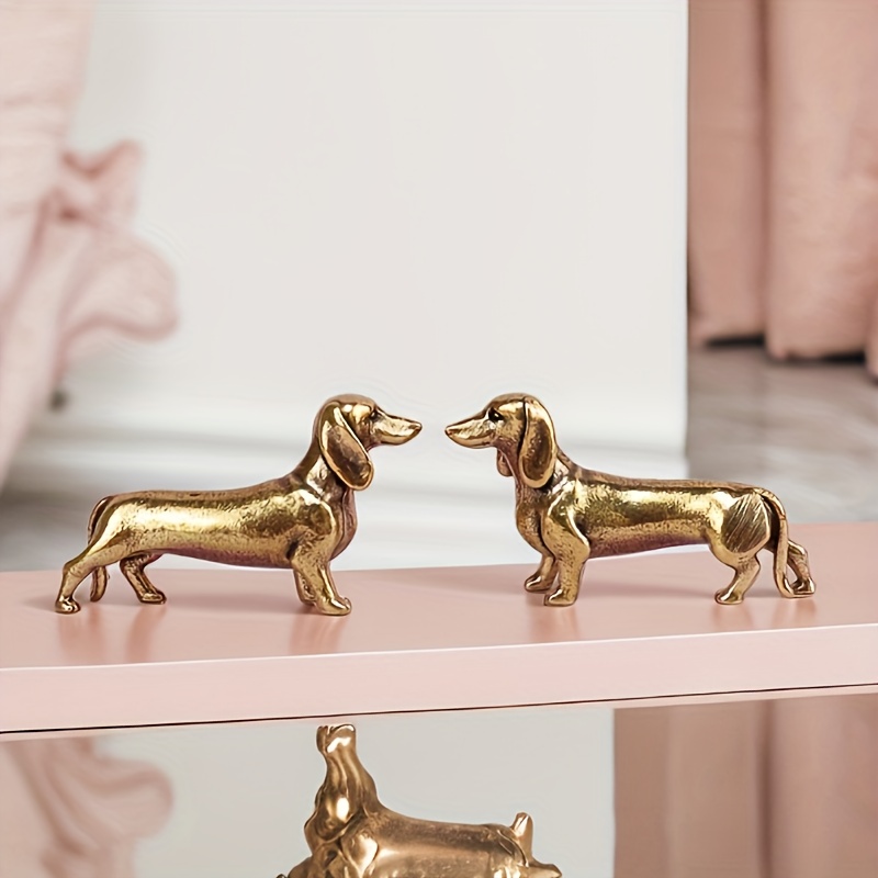 TEMU 2pcs Vintage Golden Dachshund Statues - Handcrafted Metal Figurines, Home Decor Dog Collectibles, Ideal Gift For Pet Lovers And Animal Collectors