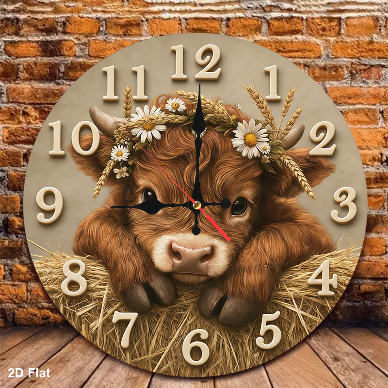 TEMU 1pc Adorable Scottish Highland Cow Baby On Wall Clock - 12 Inch Round Silent Non-ticking Battery-powered Wood Clock Suitable For, Room, Kitchen,