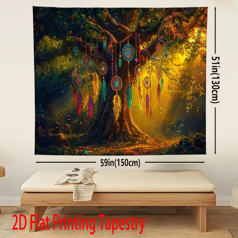 Boho Dreamcatcher Tree Tapestry Fantasy Forest Wall Hanging Decor_voghion.com