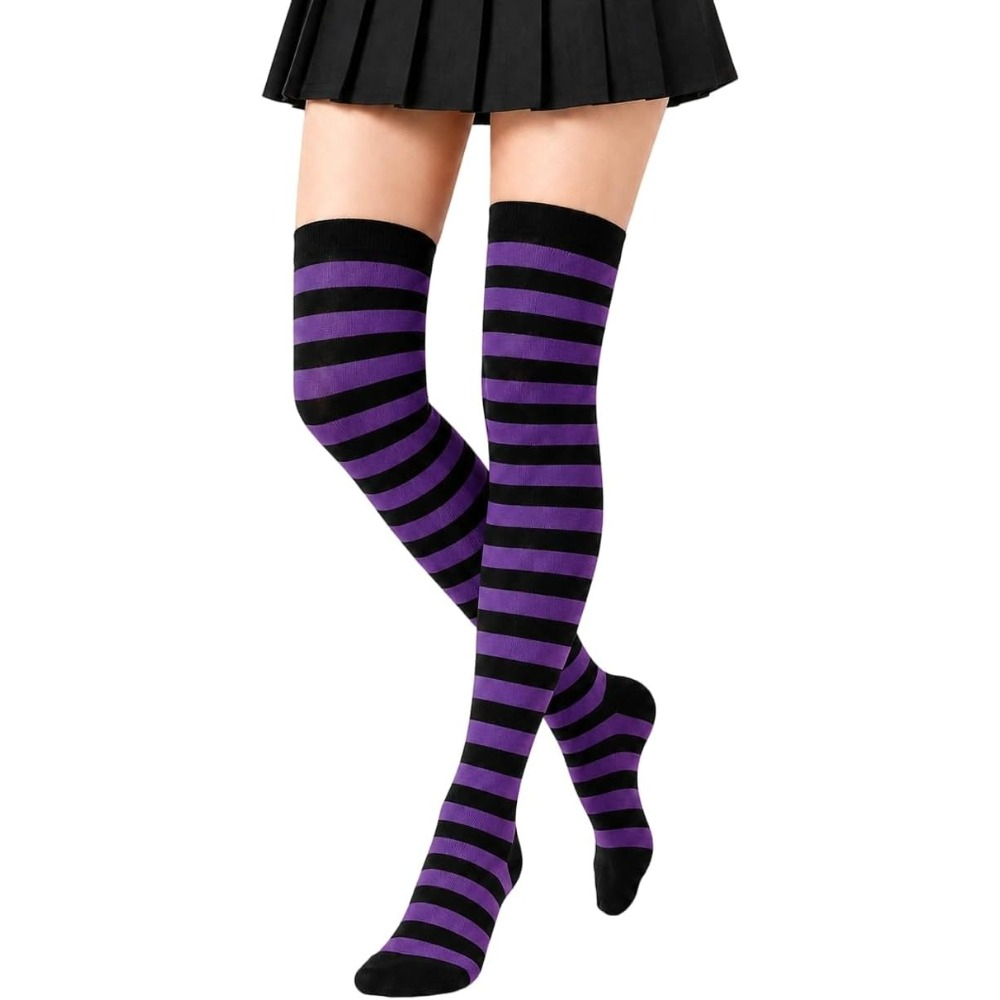 TEMU 1-pair Women' Over-knee High-thigh Socks - Striped Thigh-high Stockings With Sheer Cuff, Machine Washable Suitable For Christmas, Halloween