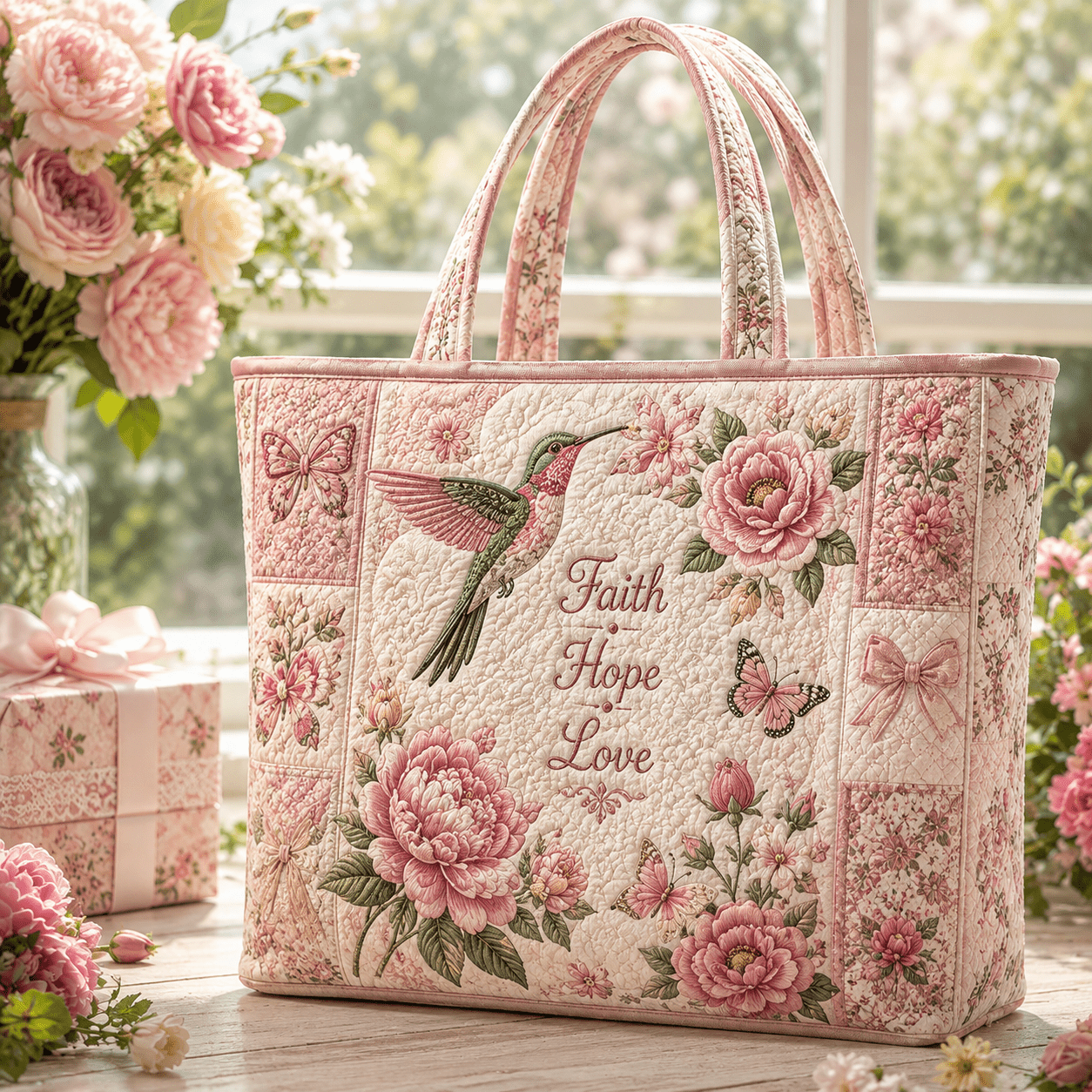 TEMU Women's Faith Floral Tote Bag, Rose Inspirational Quote Print, Large Capacity Quilted Shopping Handbag For Spring, Easter, , Church Events, Work