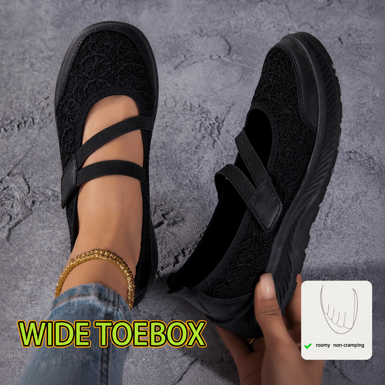 Image of Women's Wide Toe Box Lace Sneakers, -drying Mesh Upper, Convenient Stretch Strap Closure, Grippy Flat Sole, And . Ideal For Daily Commutes, Light Activities, Campus Life, And Outdoor