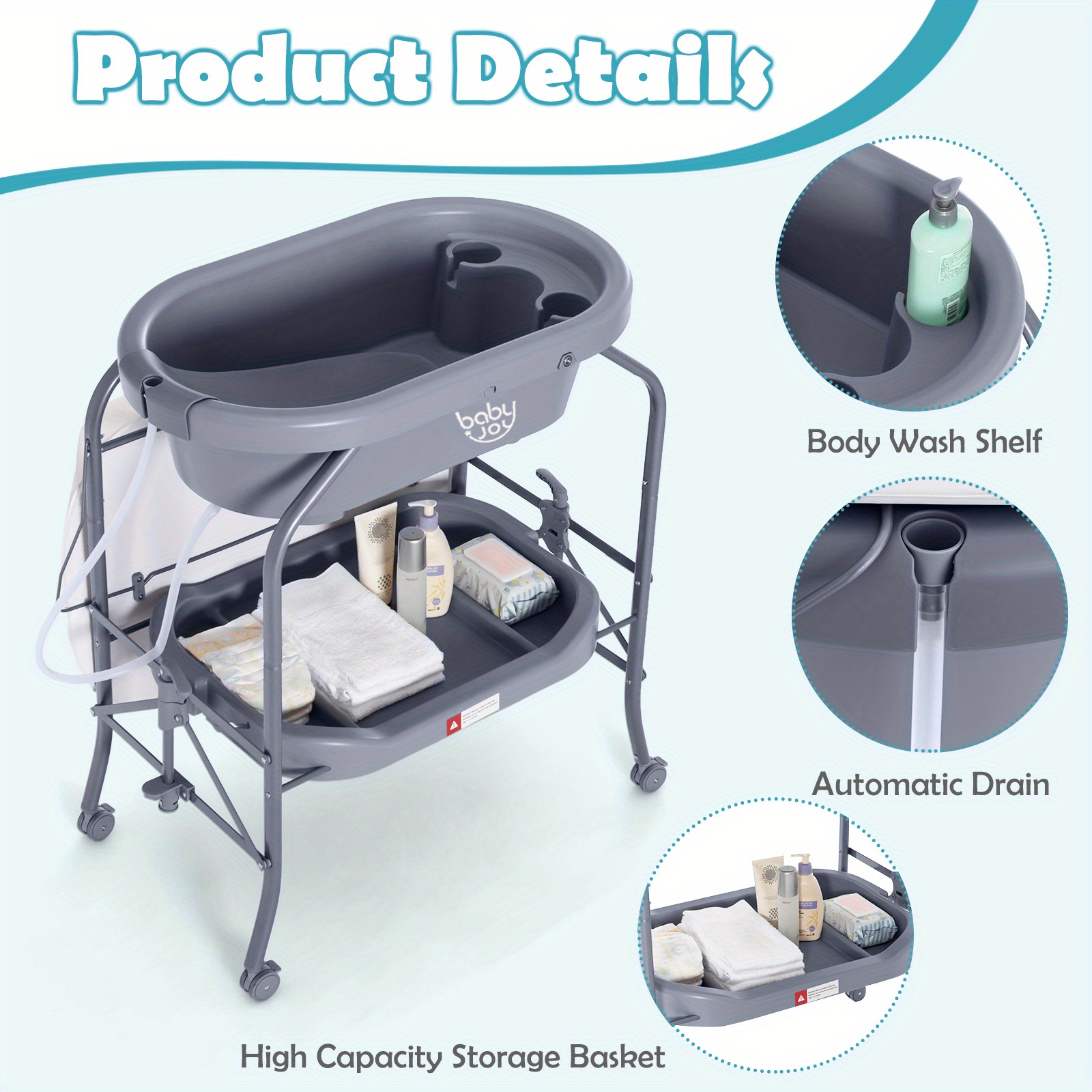 Grey COSTWAY 2-in-1 Folding Changing & Bathtub Table Mobile Nursing Station w/ Lockable Wheels & Storage Basket - Image 9