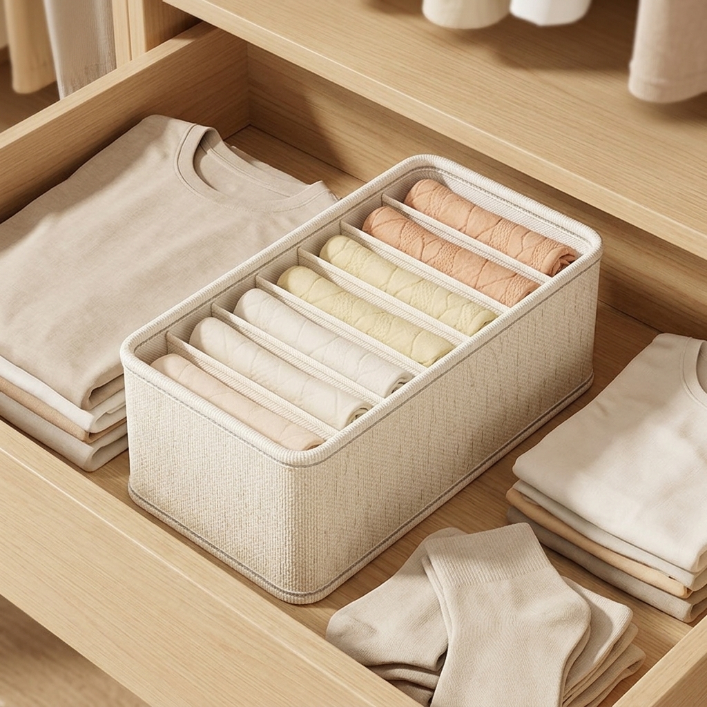 TEMU Boîte de rangement organisateur pour sous-vêtements, 1 pièce, 7 compartiments, 32 x 16 x 11 cm, séparateur de tiroir en tissu pour leggings,