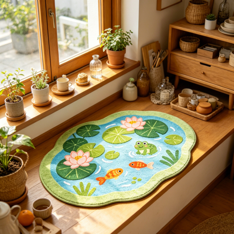 TEMU Cashmere 900g And 9mm [2d Flat] Fresh - Frog Bedroom Bedside Plush Irregular Carpet Summer Style Pond Koi Frog Pattern Living Room Sofa Area