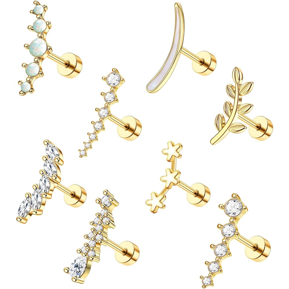 Image of 2d Flat - 8pcs Cartilage Stud Earring Set For Women | 316l Stainless Steel, Synthetic Opal Zirconia, , Flat Screw Back, Conch Helix Daith Piercing Jewelry By Milacolato