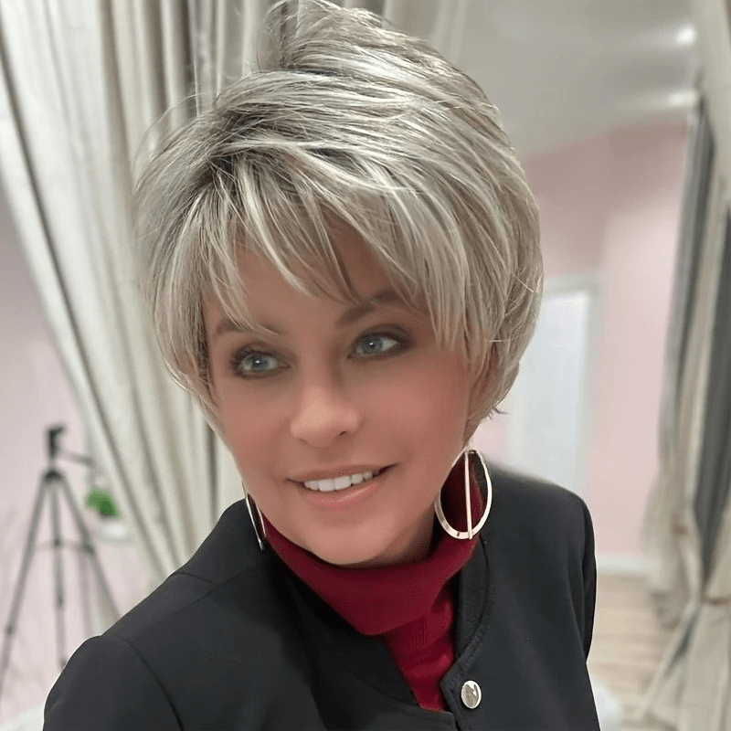 TEMU Elegant Machine-woven Short Human Hair Wig With Bangs - Lace-free And Glue-, High-volume Brazilian Human Hair Wig For Women, Granny Gray 6-inch