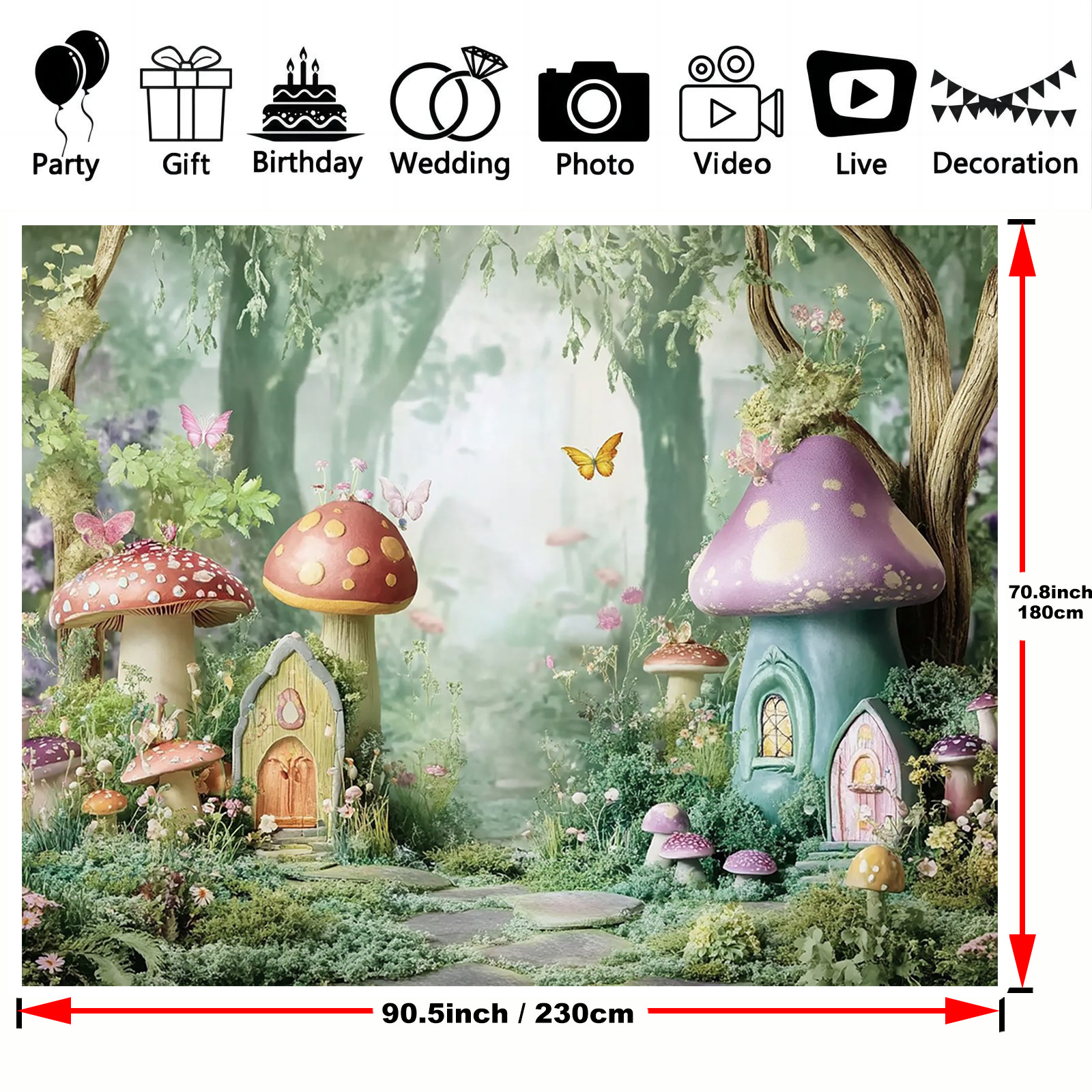 TEMU Fairy Tale Party Backdrop - Whimsical Mushroom Forest Scene With Butterflies & Cottages, 39×59in .8×90.5in, No Electricity Needed, Birthdays,
