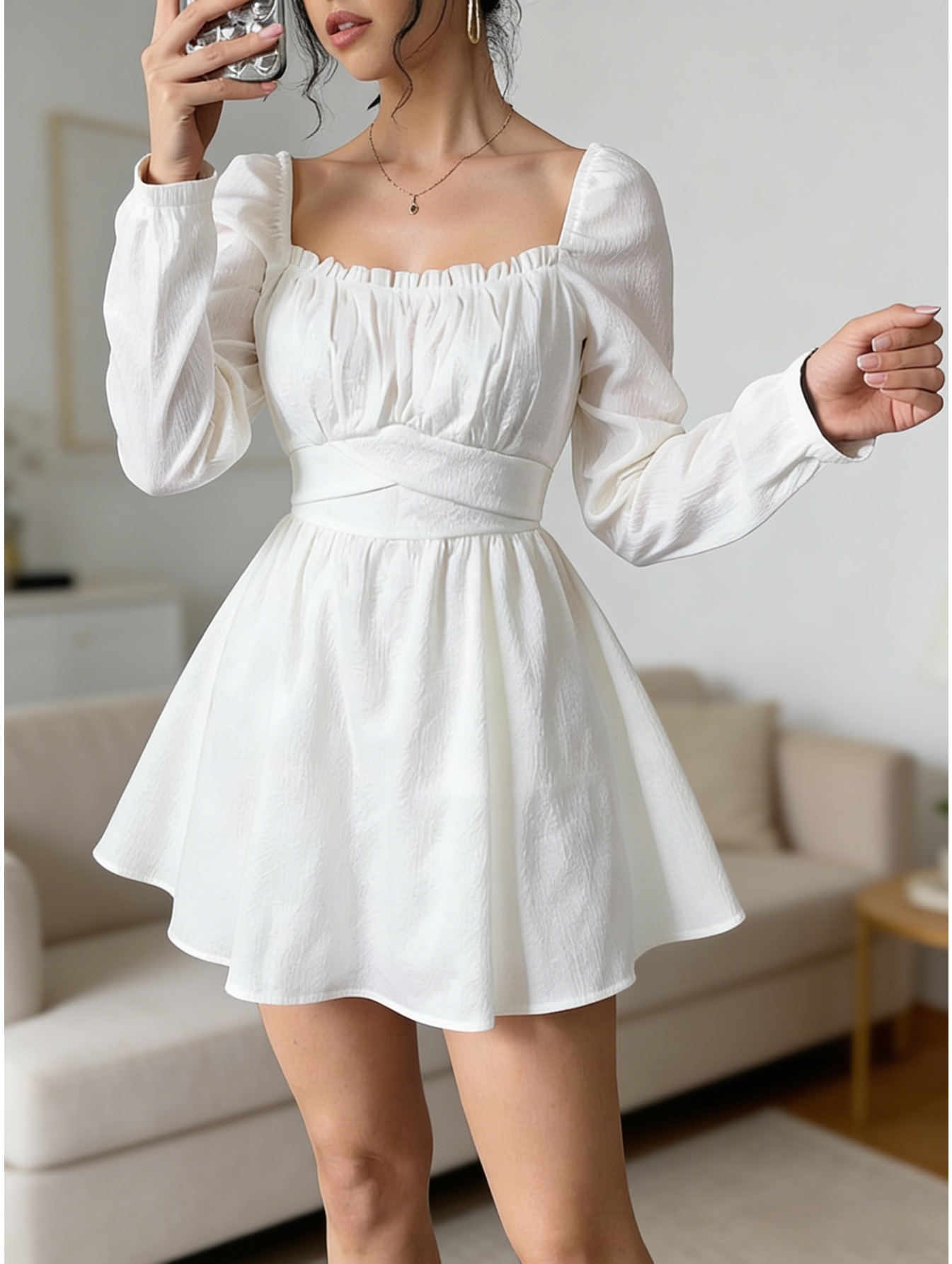 slim fit dress slacks Lace Slim Dress with Puff Sleeves