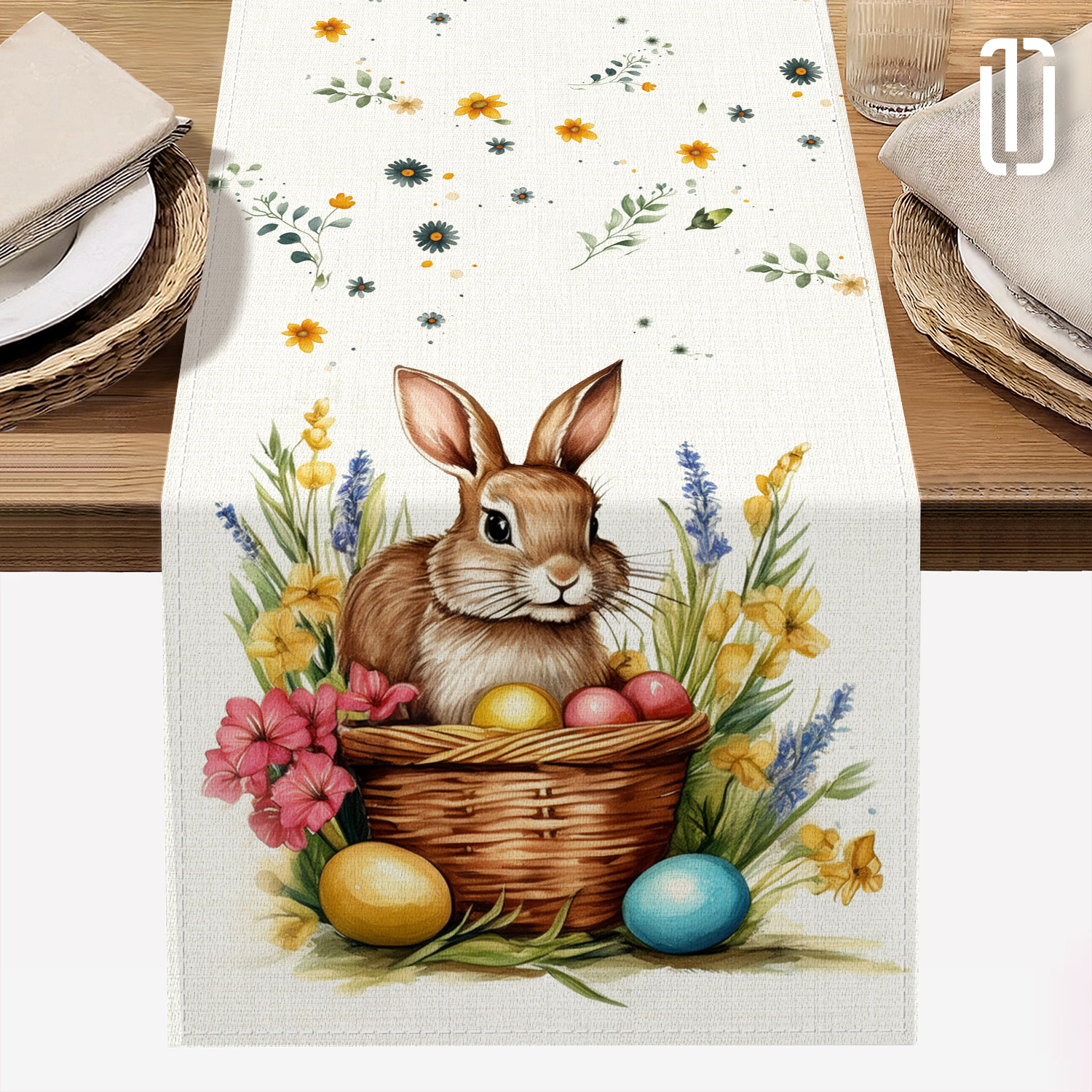 

1pc Tablecloth - 72" Knitted Polyester With Cute Bunny & Eggs Design, Floral Accents - Holiday Dining & Home Decor, Easter Table Decor| Holiday Decor|decorative Tablecloth, Holiday Tablecloth