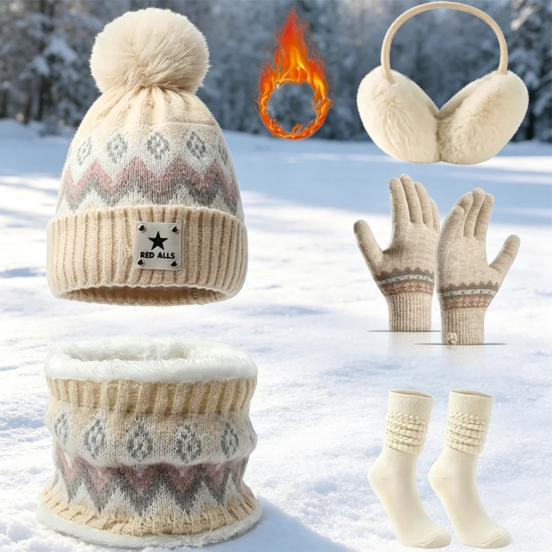 TEMU 5pcs Women's Winter Warm Accessory Set - Beanie Hat, Ear Muffs, Gloves, Neck Gaiter & Socks Suitable For Cold Weather, Machine Washable Ear Gift