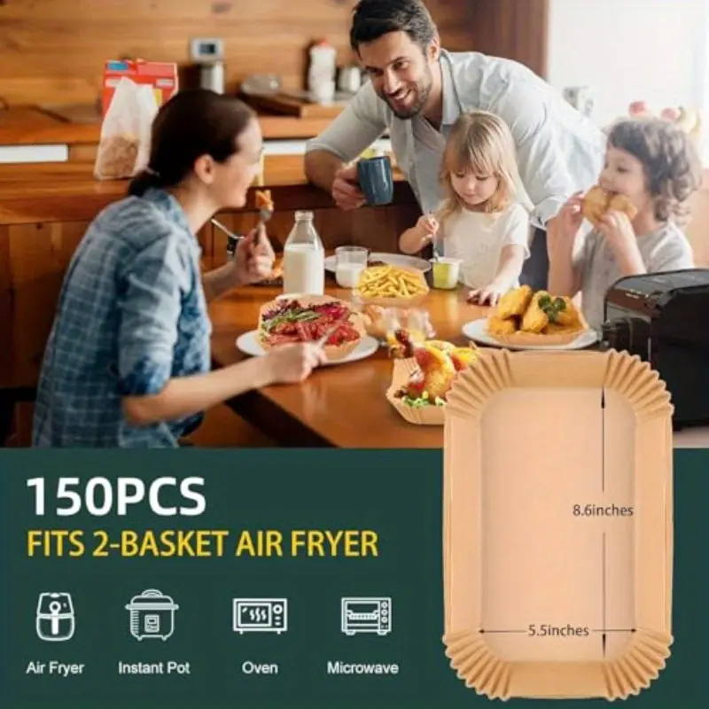 150pcs dual air fryer liners non stick oil proof waterproof parchment paper sheets 8 6x5 5 inches compatible with 2 basket air fryers microwave oven bbq design reduced ideal for home parties and on the go cooking party cooking supplies nonstick liner heatresistant material disposable baking liners party hosts Product details 5