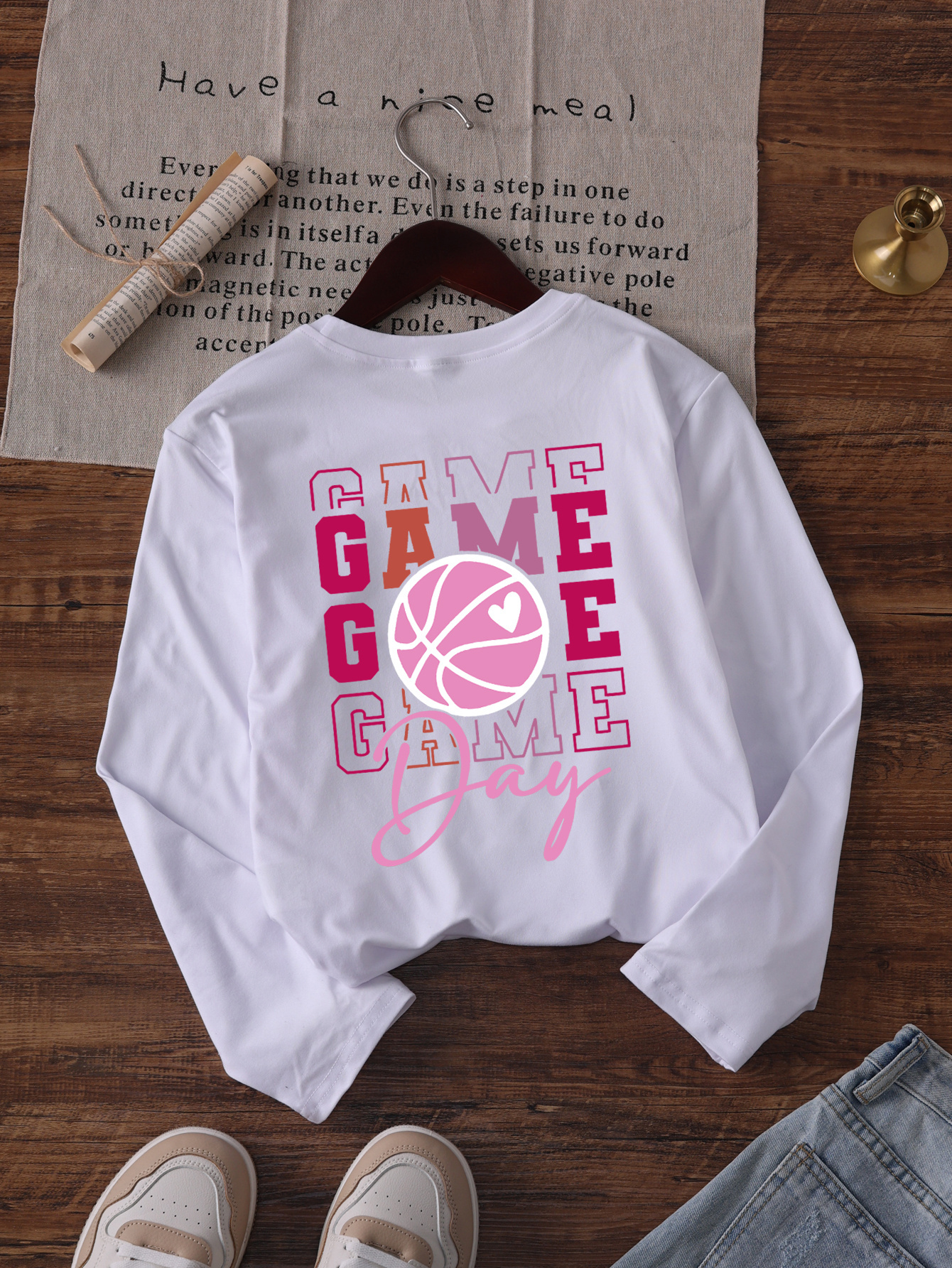 girls' white long sleeve t shirt pink basketball game day Temu