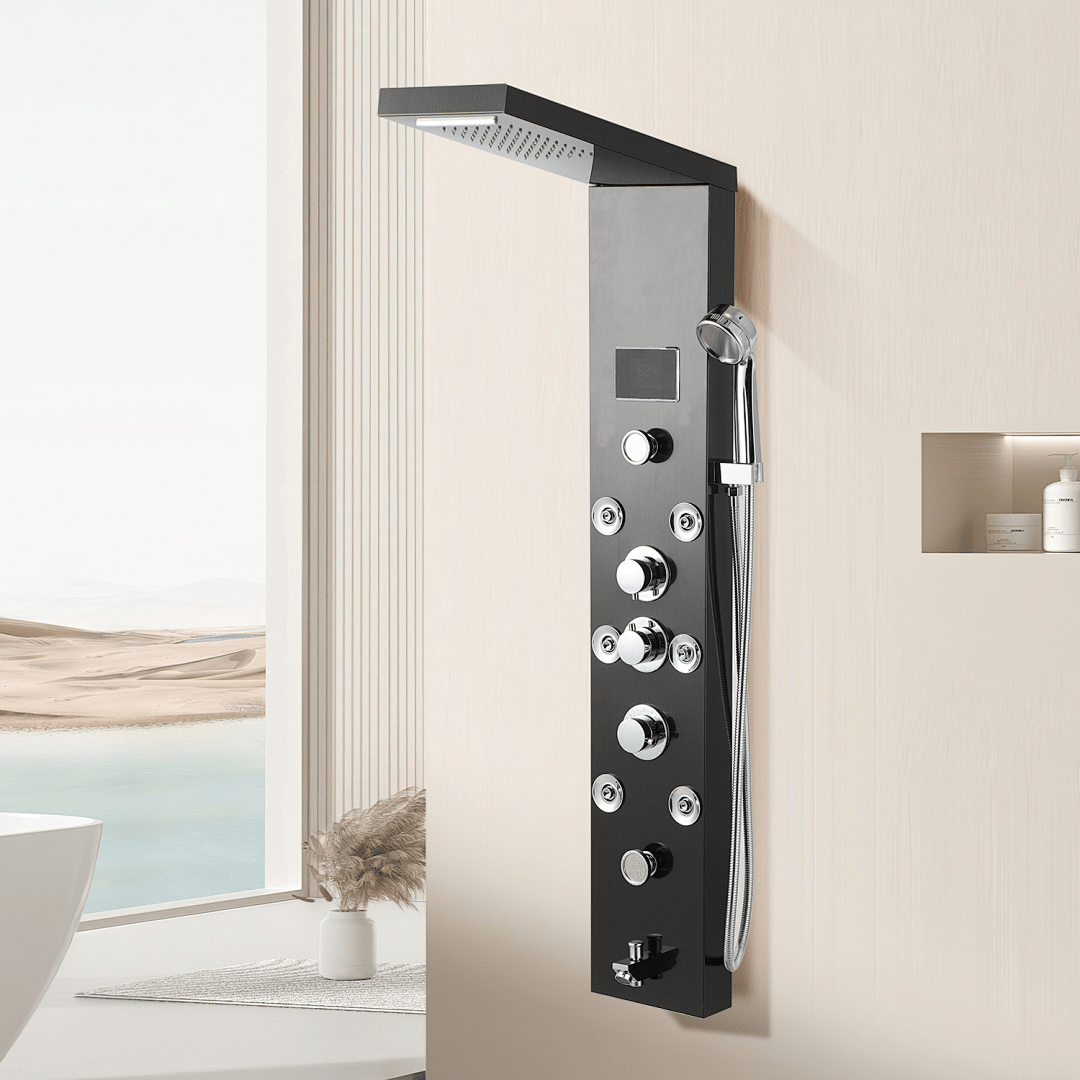 Shower Panel Tower 304 Stainless Steel / 6-in-1 Silver/ Black G1/2 Connection Set Hand Shower Waterfall