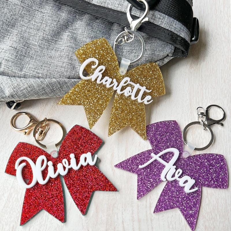 

1pc Personalized Acrylic Keychain, Custom Name Glitter Bow Keyring, Decorative Accessory For Water Bottles, Suitcases, Lunch Bags - Ideal For Christmas, Birthday, Valentine's Day Gifts