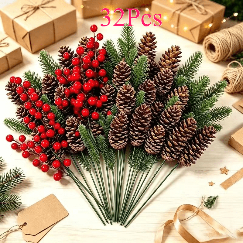 TEMU 32 pièces de tiges de verdure artificielle de Noël, fausses branches de pin avec rouges et pommes de pin, picots floraux pour couronne, sapin de