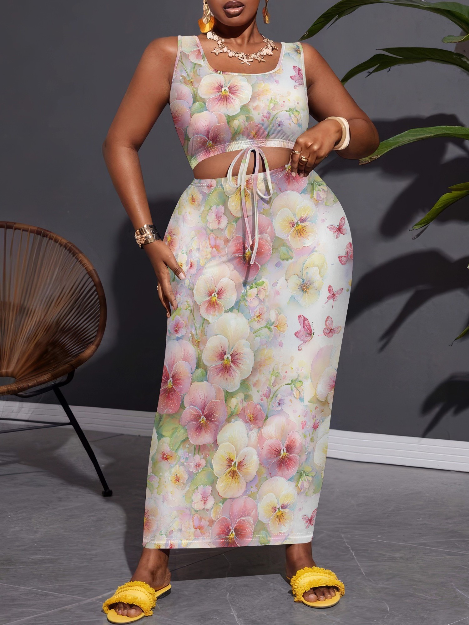 Vrouwen Zomer 2-delige vakantie-outfits Bloemen Ruffle Crop Tank Top Hoge taille Swing Tiered Maxi-rok Bijpassende set(Pink,XL