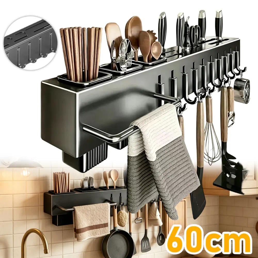 Image of 1 Set Wall-mounted Kitchen Appliance Bracket, 60cm Kitchen Knife Rack With Detachable Drainage Box, Used For Kitchen Storage, Spatula, Spoon And Home Kitchen Towel Storage