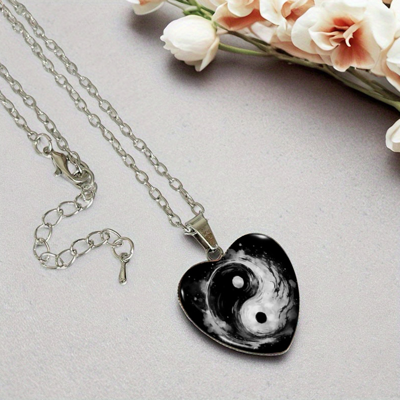 Yin Yang Heart Shaped Glass Dome Pendant Necklace, Handmade