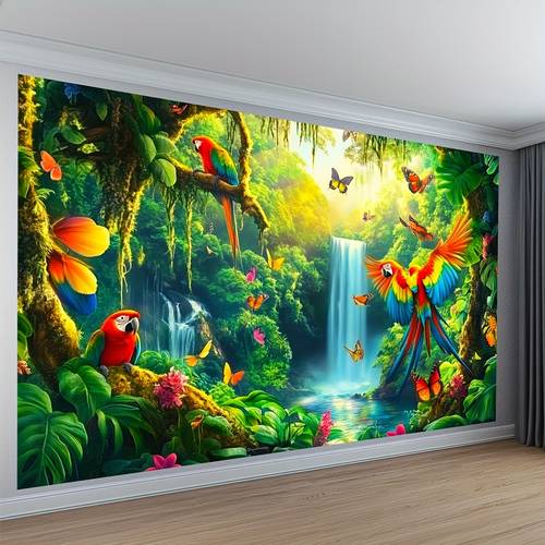 2d flat 2d flat banner jungle scene backdrop vibrant parrot and waterfall patterns on high quality self nature themed wall art suitable for living room and office decoration no electricity required home decor