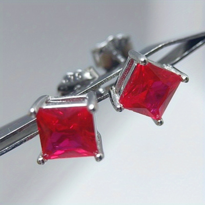Unique 925 Silver Square Synthetic Red Gemstone Earrings