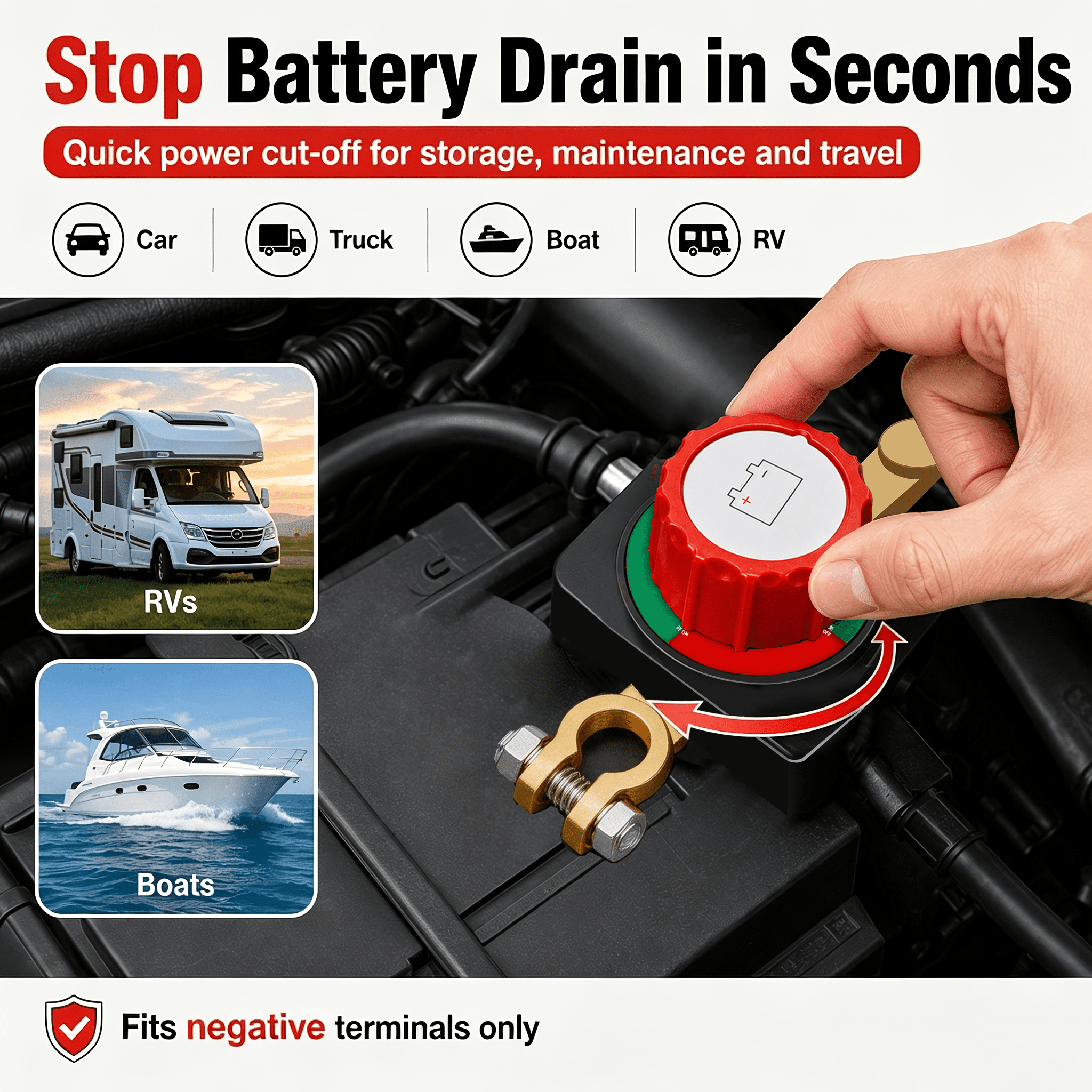 TEMU Interrupteur de déconnexion de batterie de voiture robuste 5e génération, 1 lot - Interrupteur d'isolement en cuivre et plastique à la corrosion