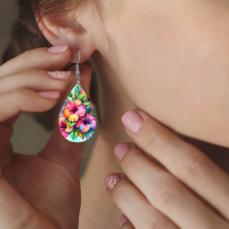 Simple Painting Green Leaf Flower Pattern PU Earrings