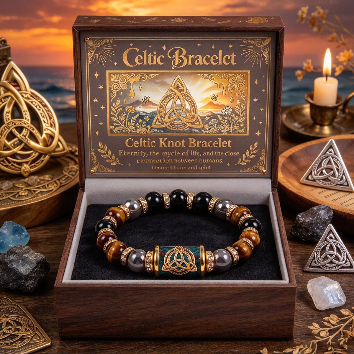 TEMU Celtic Knot Badge Pattern Tiger Eye Hematite Onyx 8mm Beaded Bracelet For Men And Women, Spiritual Natural Stone Pendant Bracelet, Irish Viking
