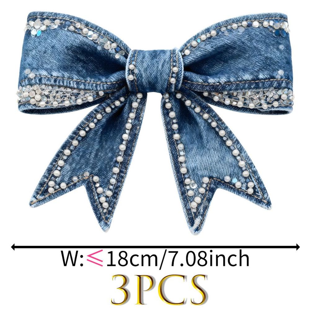 TEMU 3pcs 2d Flat Heat Transfer Stickers Blue Denim Bow With Pearl Beads And Sequins Iron-on Appliques For T-shirts Jeans Hoodies Backpacks Canvas