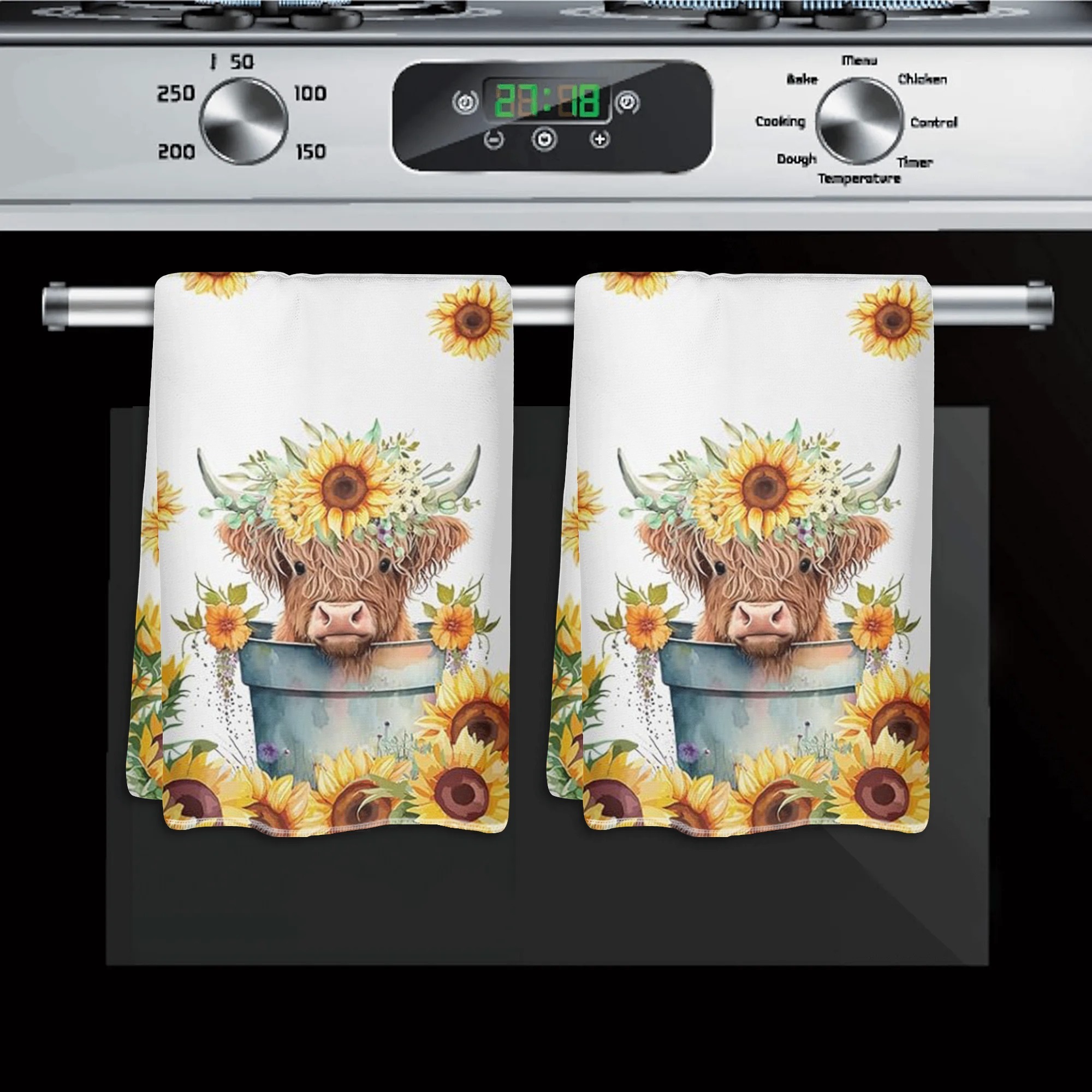 TEMU 2pcs Of Highland Cow And Sunflower Farmhouse Kitchen Towels, Absorbent Dishcloths Featuring Scottish Cow Prints, Home Kitchen Or Christmas Gifts