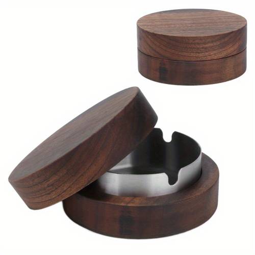 wooden compact ashtray with lid stainless steel liner innovative windproof cigarettes ash tray for officesilver