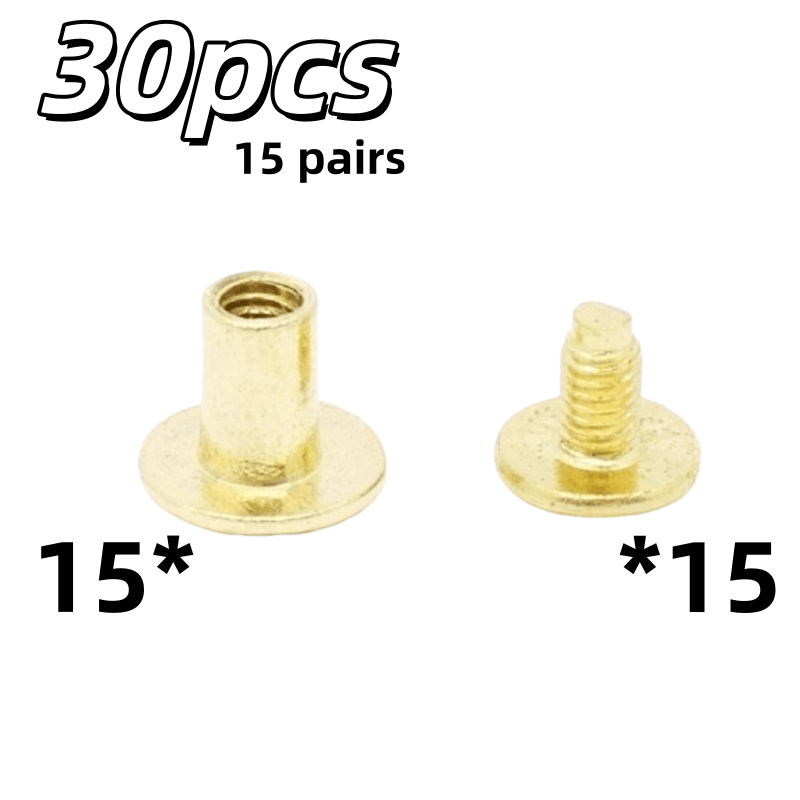 A Set Of 30 Golden Chicago Rivet Screws Measuring 8.5mm By 7mm By 4mm, Ideal For Use With Leather Buttons, Earrings, Leather Rivets, Chicago Screws, And For Crafting Clothing, Shoes, Belts, And Bags