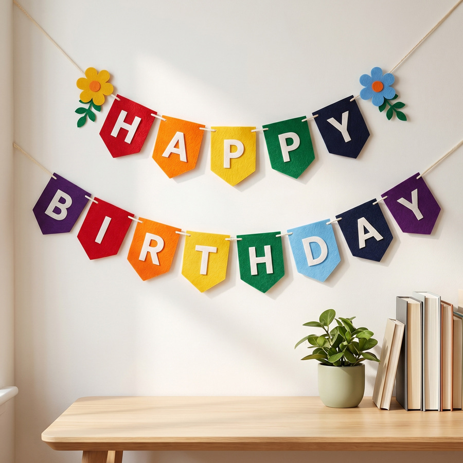 TEMU Lot de 1, Bannière colorée en feutre "Joyeux Anniversaire" avec fleurs, Décoration multicolore pour fête d'anniversaire, Bannière d'anniversaire