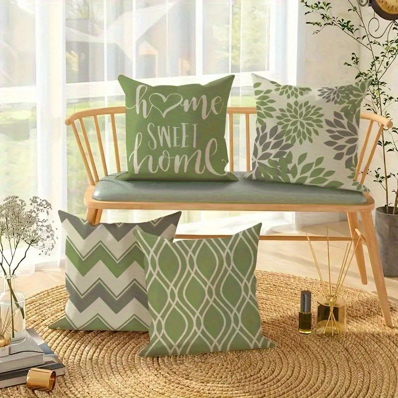 4pcs retro geometric floral pillow covers green white double sided print soft short plush with zipper closure machine washable multiple sizes for living room bedroom sofa decor bedroom styling vintage aesthetic durable fabric accent cushions vintage lovers 2d flat Product details 6