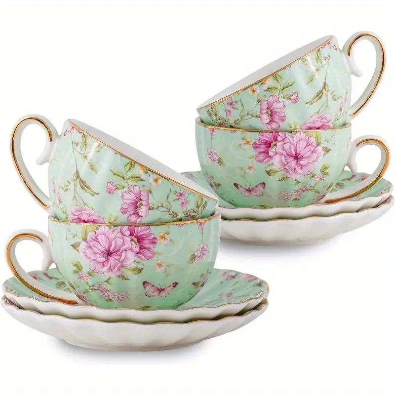 tea cup and saucers 6 4oz floral tea cups with porcelain bone china teacup coffee cappuccino espresso latte mugs for party birthday party christmas gift green Product details 0