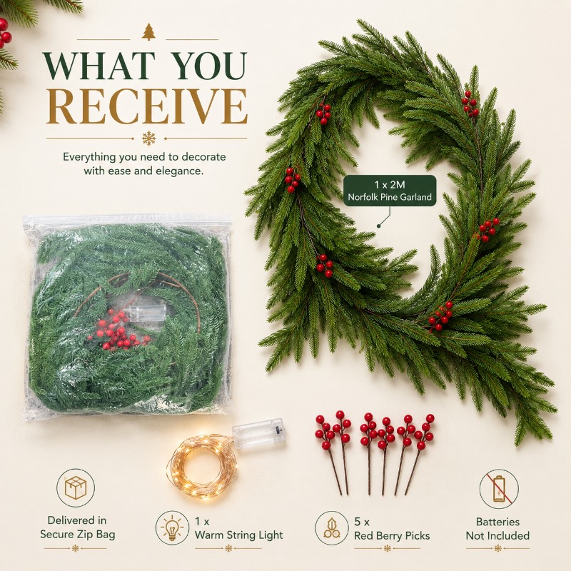 TEMU 2m Norfolk Pine Christmas Garland, 40 Tips Artificial Greenery Garland With Warm String Lights (batteries Not Included), Faux Holiday Mantel