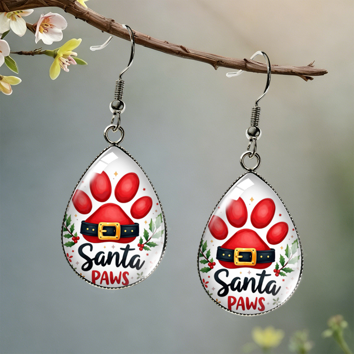 TEMU 1 Pair Retro Christmas Holly & Paw Print Earrings Suitable For Men And Women, -free Teardrop Pet-themed Dangle Earrings With Letter Holes, Daily
