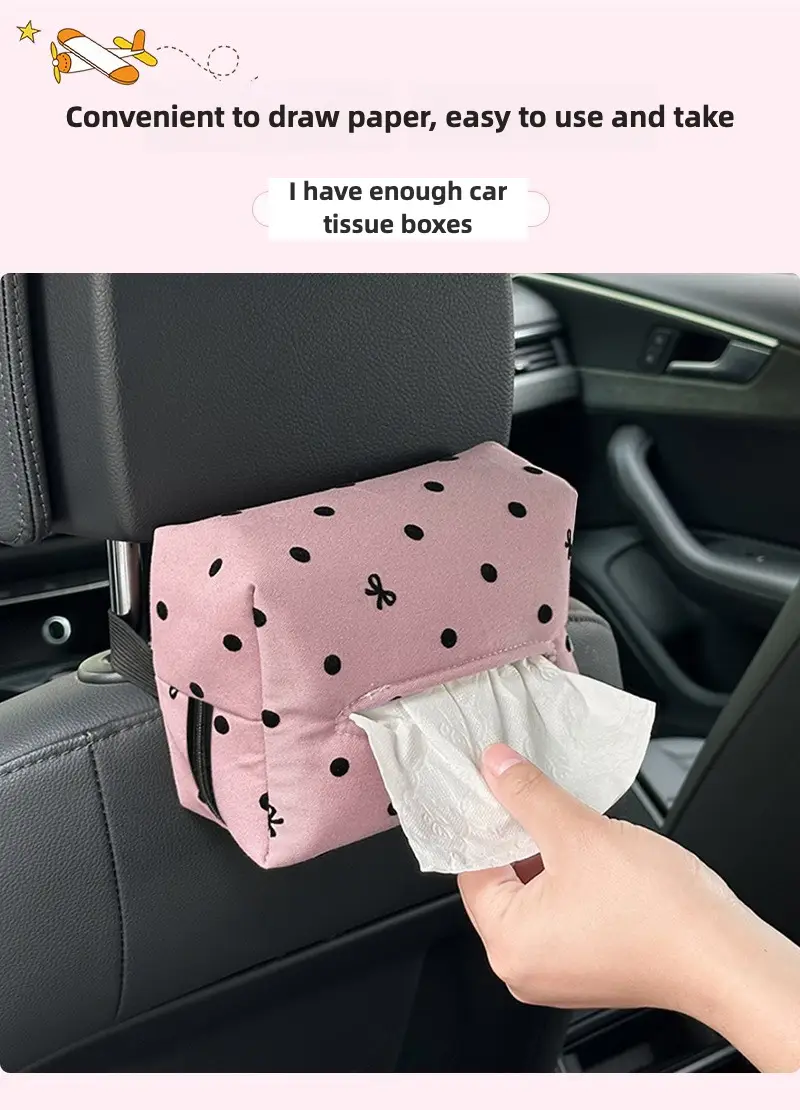 luxury elegant polka dot car tissue holder with bowknot universal fit backseat and polyester fiber ideal for armrest sun visor and console storage car accessories Product details 2
