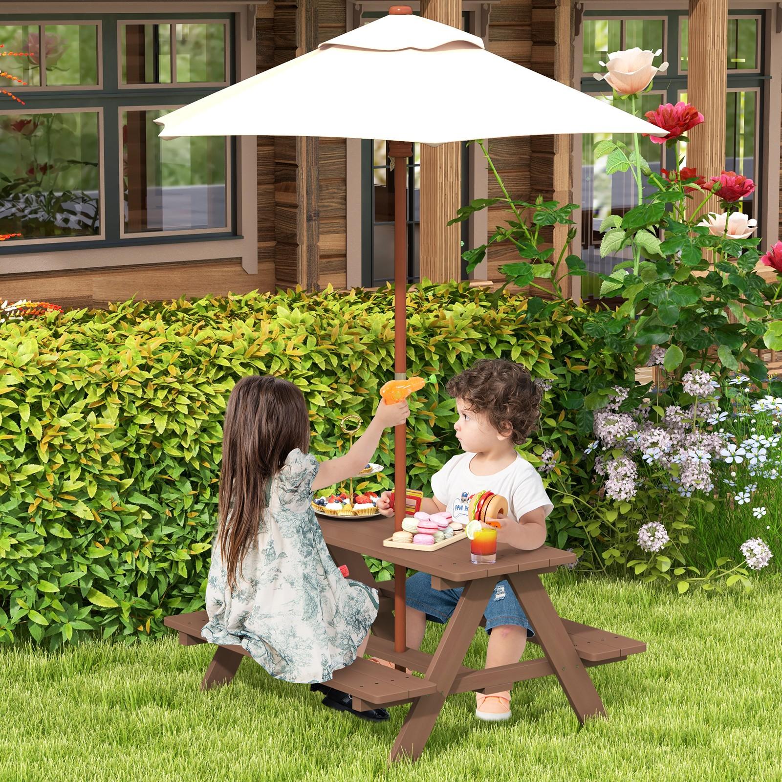 TEMU Costway 4- Picnic Table & Bench Set With Removable Folding Umbrella, Heavy-duty Fir Wood Children's Outdoor/ Play Table, Easy Assembly 4-seat
