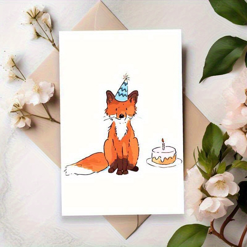 TEMU 1 Carte d'anniversaire unique avec renard animal sauvage et chapeau de fête - Illustration de renard adorable, finition mate, fermeture