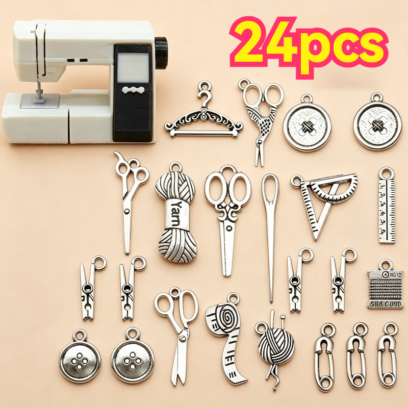 TEMU 24pcs Mini Sewing Machine , 1:12 Dollhouse Mini Sewing Room Decor Ornaments, Includes Mini Scissors, Hangers, Buttons, Threads, Safety Pins,