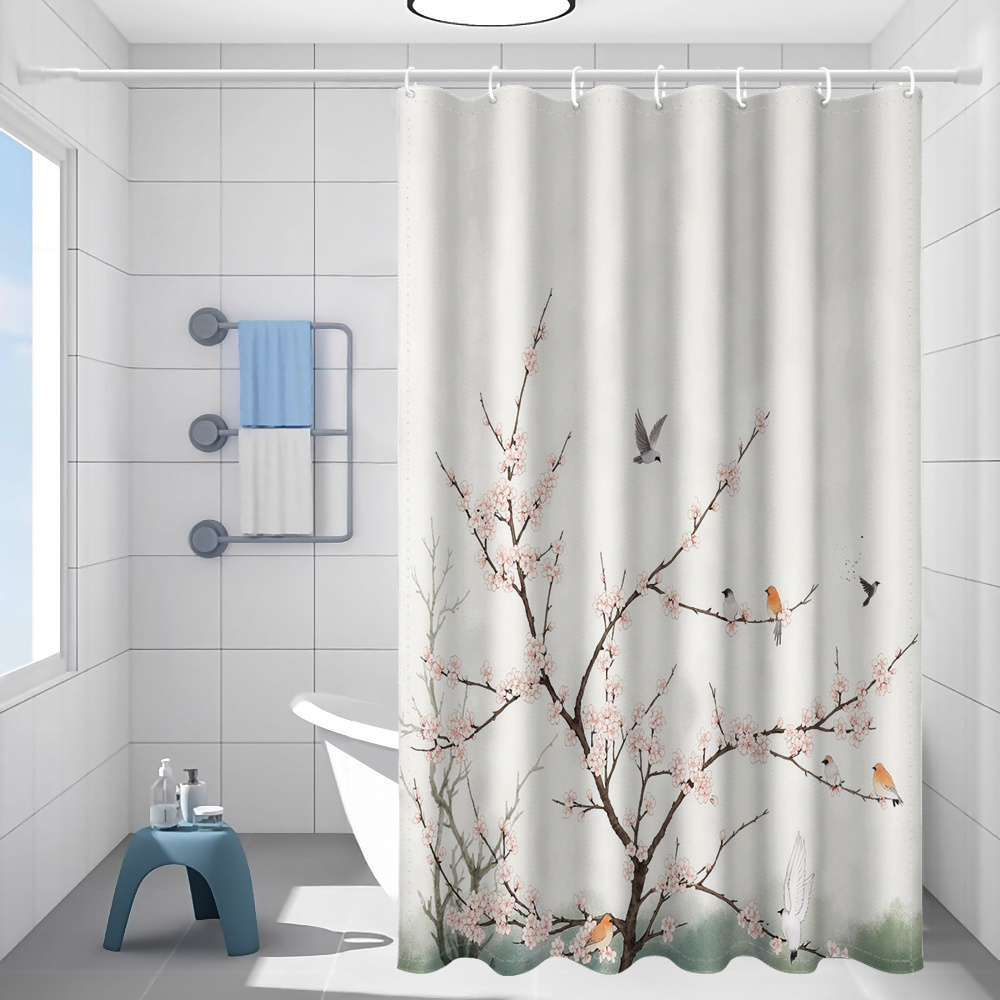 TEMU 1pc Chinese Style Plum Bird Print Shower Curtain, Easy Artistic Style Bathroom Home Decor With Plastic Hook, Suitable For Machine Washable