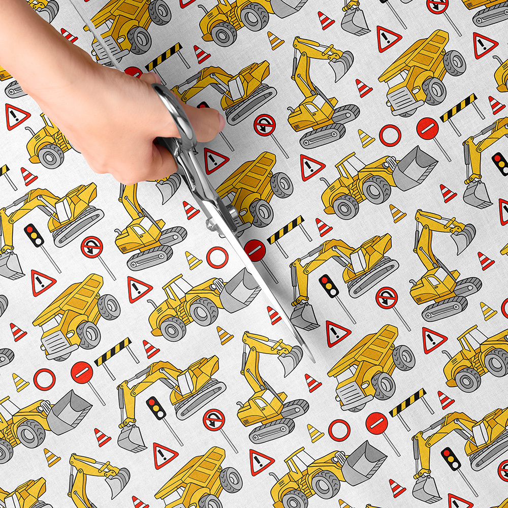 TEMU 1pc Construction Truck Print Fabric - 59 X 19.68 Inches (150 X 50cm) Pre-cut Polyester Fabric With Yellow Excavator & Dump Truck Pattern -
