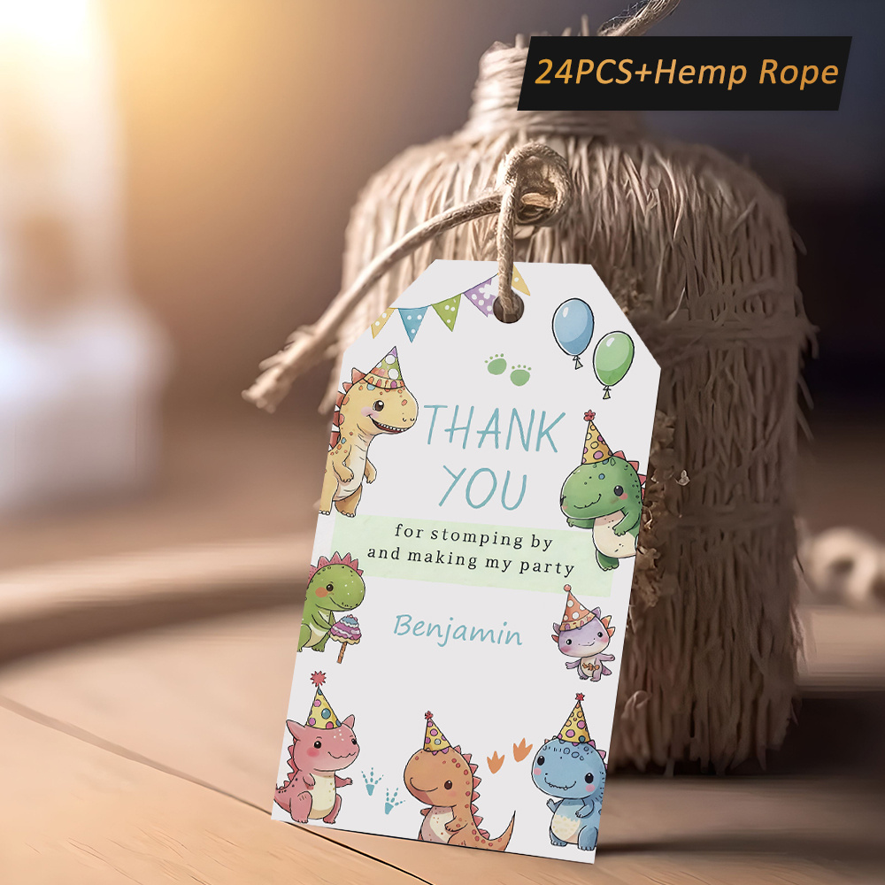TEMU Personalized Gift Tags Available In Sets Of 24, 48, Or 72, Featuring A "thank You" Message. Showcase A With Party Dinosaurs And Festive Elements