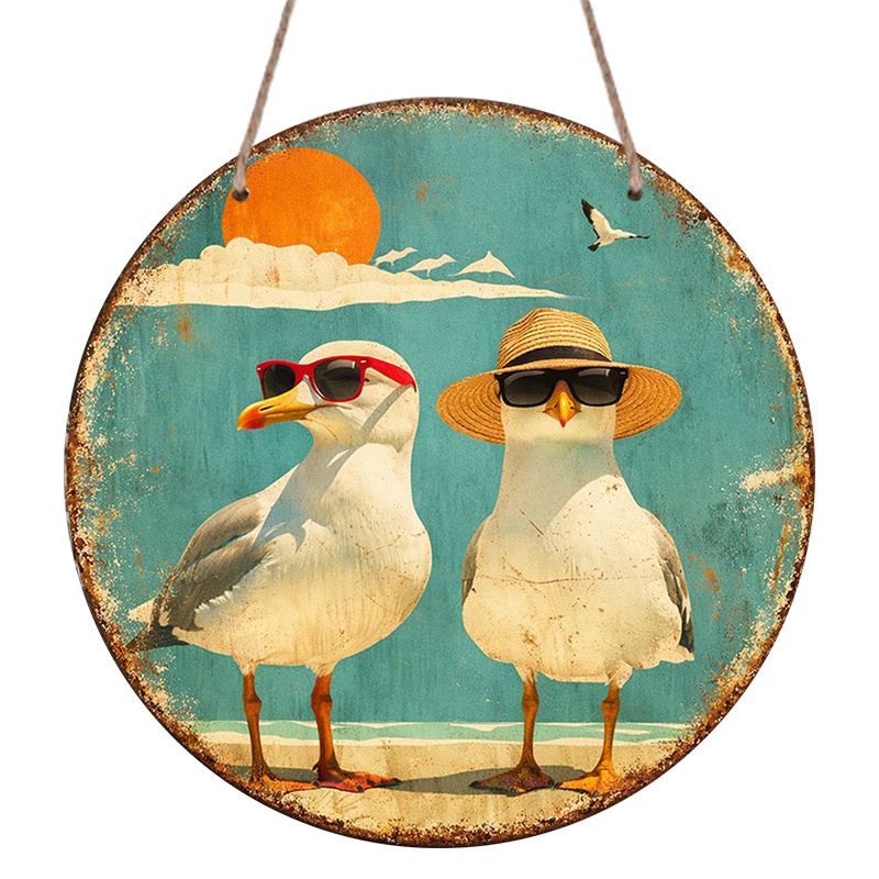TEMU 2D Plat - 1pc Plaque Ronde en Aluminium Métallique, Plaque Vintage sur les Vacances d'une Mouette, Plaque Décorative de Balnéaire, Convient pour